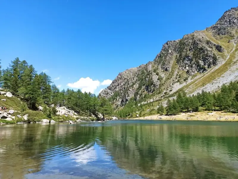 Il **lago d'Arpy** riflette il cielo azzurro e le montagne rocciose. Sulle rive, pini e persone godono del sole estivo.